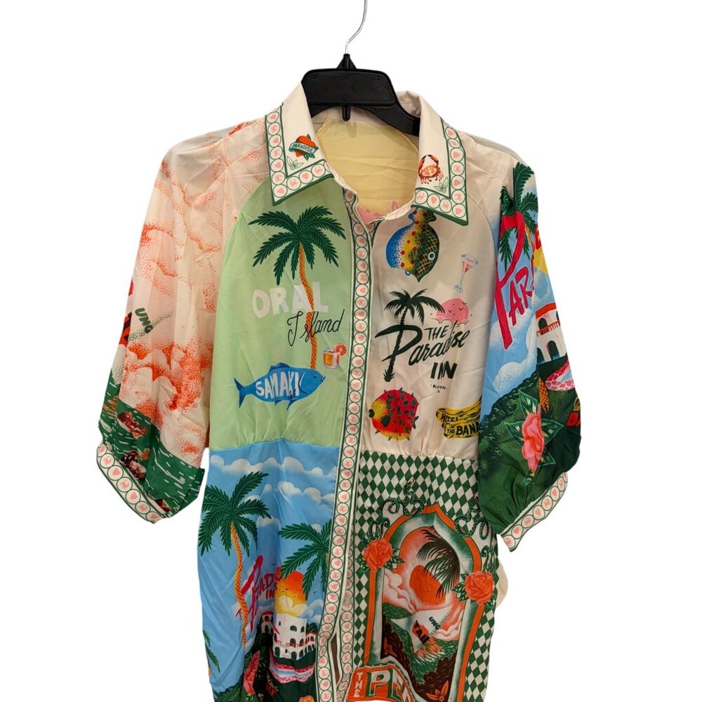 Sunday Up Tropical Print Dress Button Down Shirt Dress sz L